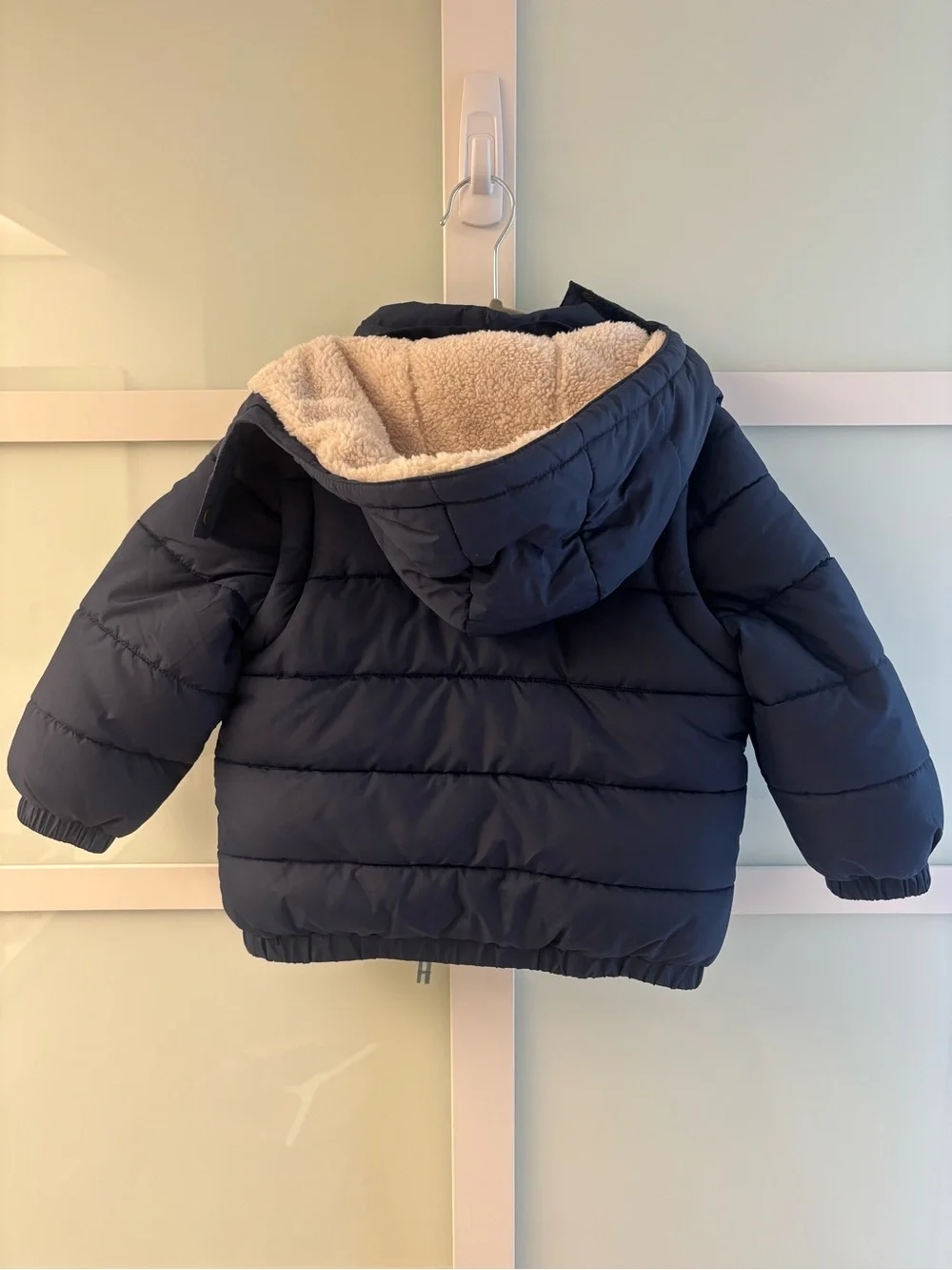 Mini Boden Navy Puffer Jacket with Sherpa Hood